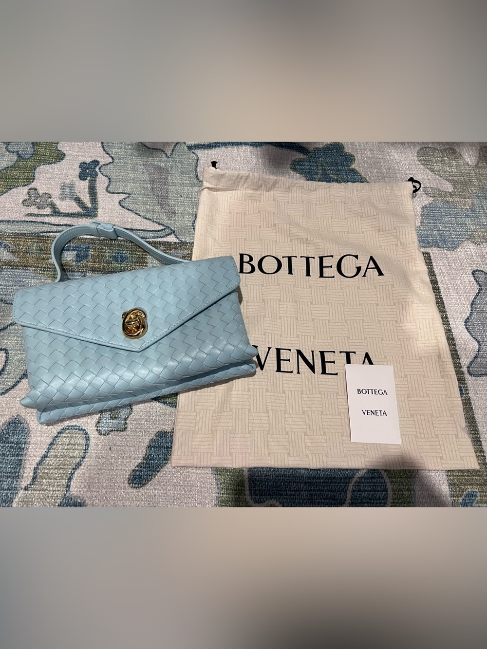 Bottega Veneta Light Blue Intrecciato Leather Crossbody Bag with Gold-Tone Clasp